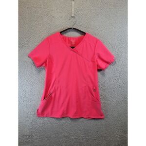 Cherokee Infinity‎ Scrub Top Womens Medium Pink Stretch Short Sleeve Mock Wrap